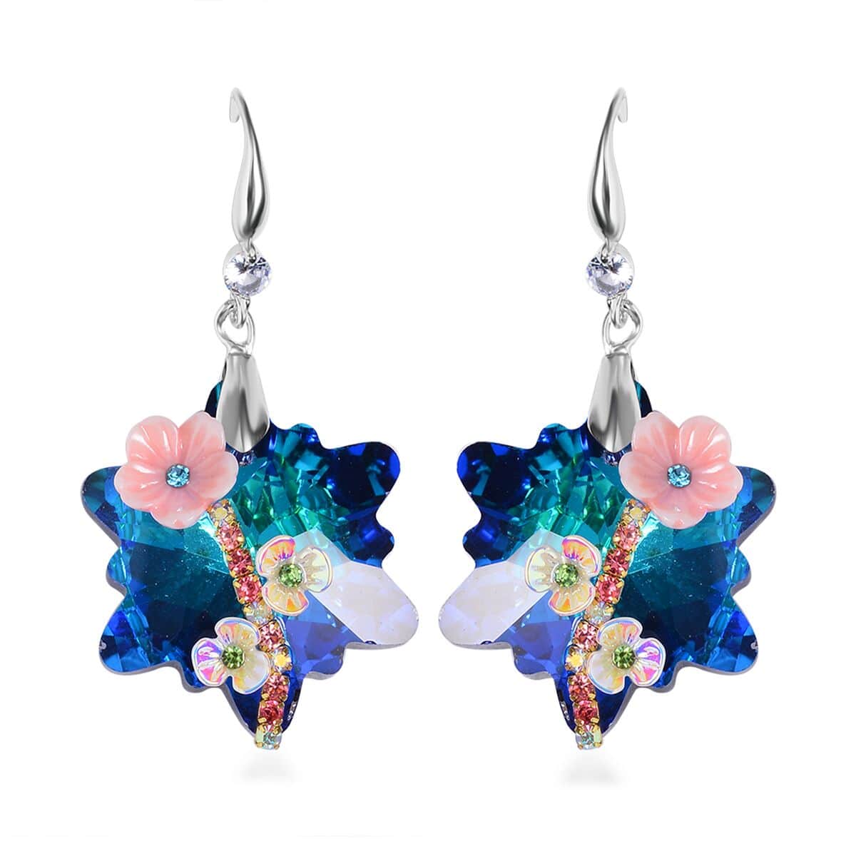 Blue Magic Color Glass, Multi Color Crystal and Resin Floral Earrings and Pendant Necklace 20 Inches in Silvertone image number 6