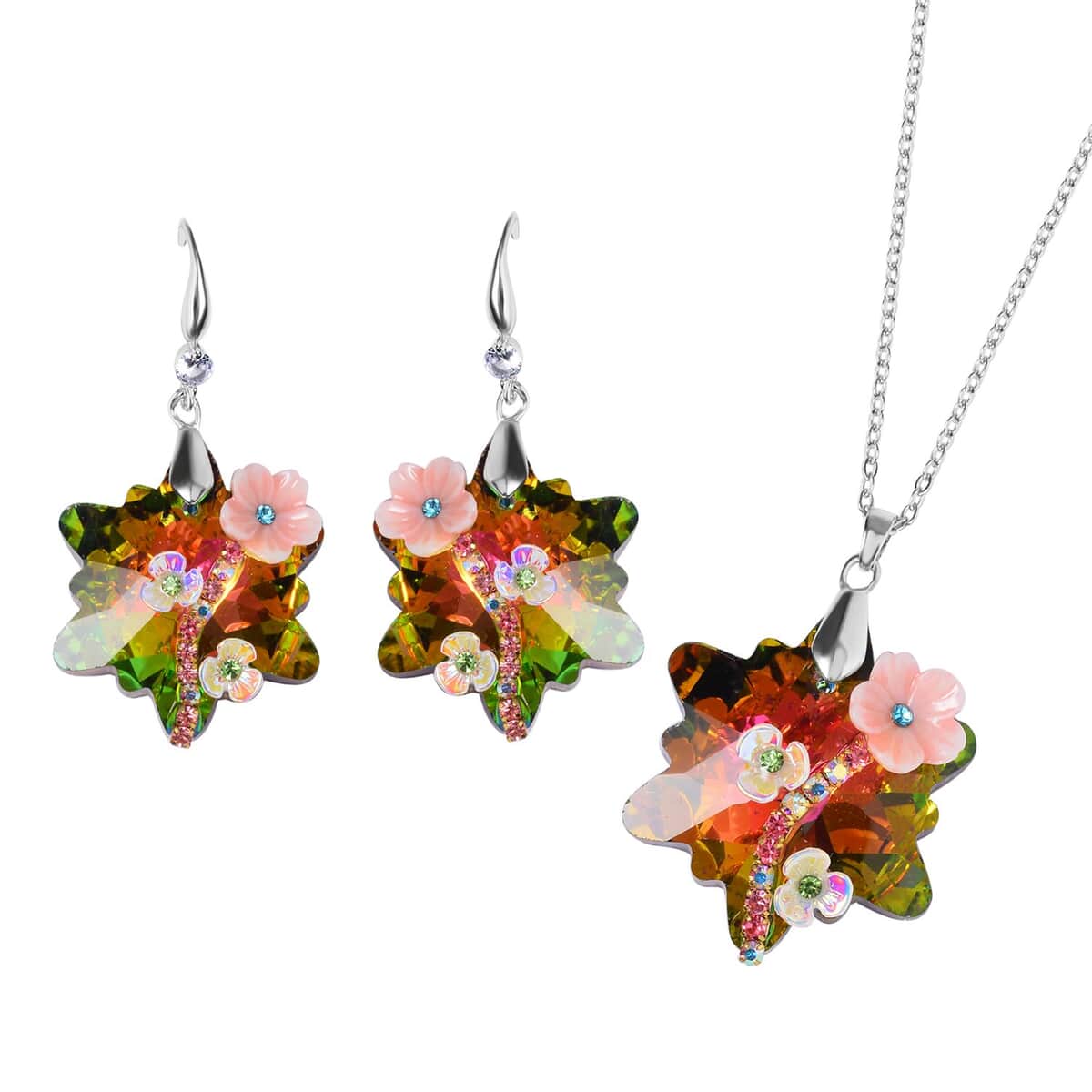 Magic Color Glass, Multi Color Crystal and Resin Floral Earrings and Pendant Necklace 20 Inches in Silvertone image number 0