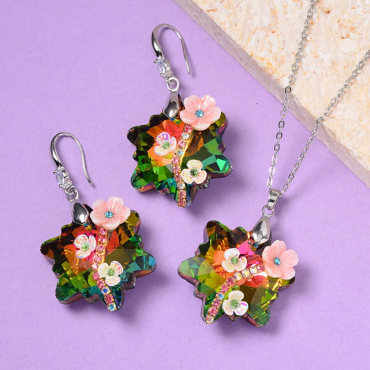 Magic Color Glass, Multi Color Crystal and Resin Floral Earrings and Pendant Necklace 20 Inches in Silvertone image number 1