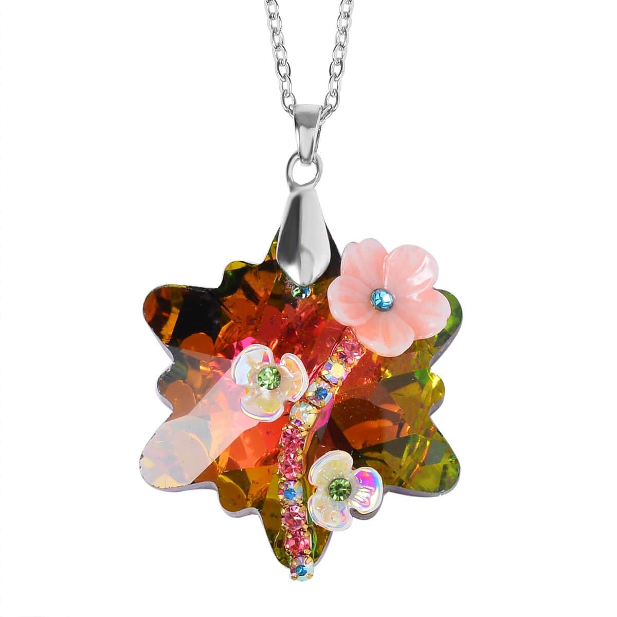 Magic Color Glass, Multi Color Crystal and Resin Floral Earrings and Pendant Necklace 20 Inches in Silvertone image number 2