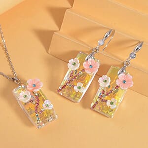 White Aurora Borealis Glass and Austrian Crystal Necklace and Earrings in Silvertone 20 Inches