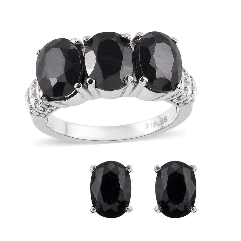 Midnight Sapphire 3 Stone Ring (Size 5) and Solitaire Stud Earrings in Stainless Steel 7.40 ctw , Tarnish-Free, Waterproof, Sweat Proof Jewelry
