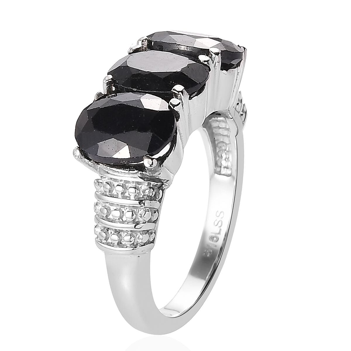 Midnight Sapphire 3 Stone Ring (Size 5) and Solitaire Stud Earrings in Stainless Steel 7.40 ctw , Tarnish-Free, Waterproof, Sweat Proof Jewelry