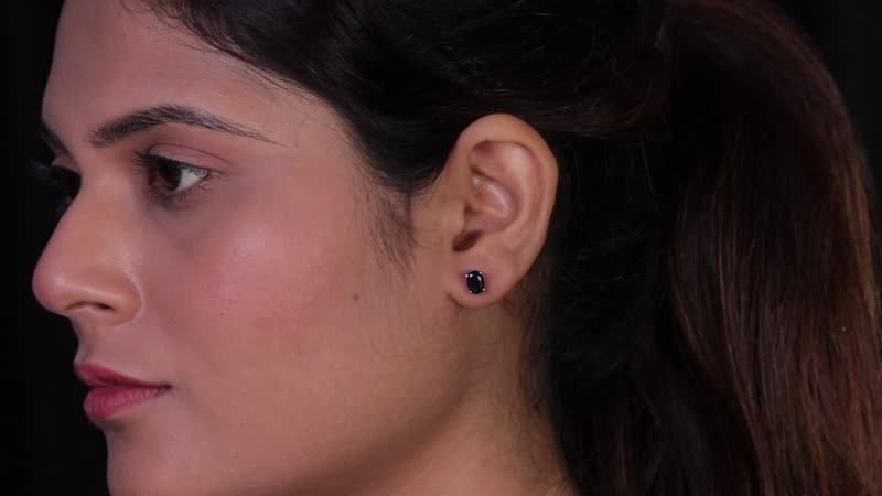 Midnight Sapphire 3 Stone Ring Size 6 and Solitaire Stud Earrings in Stainless Steel 5.90 ctw