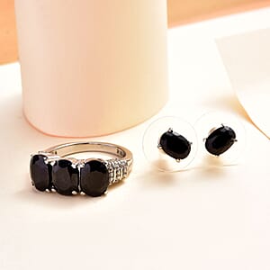 Midnight Sapphire 3 Stone Ring (Size 7) and Solitaire Stud Earrings in Stainless Steel 7.40 ctw , Tarnish-Free, Waterproof, Sweat Proof Jewelry