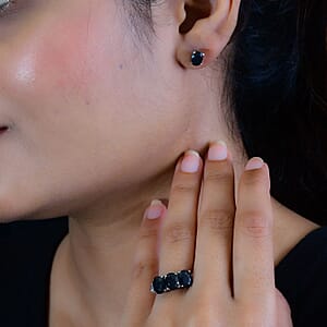 Midnight Sapphire 3 Stone Ring (Size 7) and Solitaire Stud Earrings in Stainless Steel 7.40 ctw , Tarnish-Free, Waterproof, Sweat Proof Jewelry