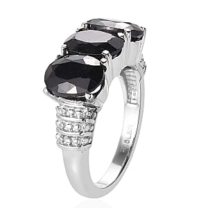 Midnight Sapphire 3 Stone Ring (Size 7) and Solitaire Stud Earrings in Stainless Steel 7.40 ctw , Tarnish-Free, Waterproof, Sweat Proof Jewelry