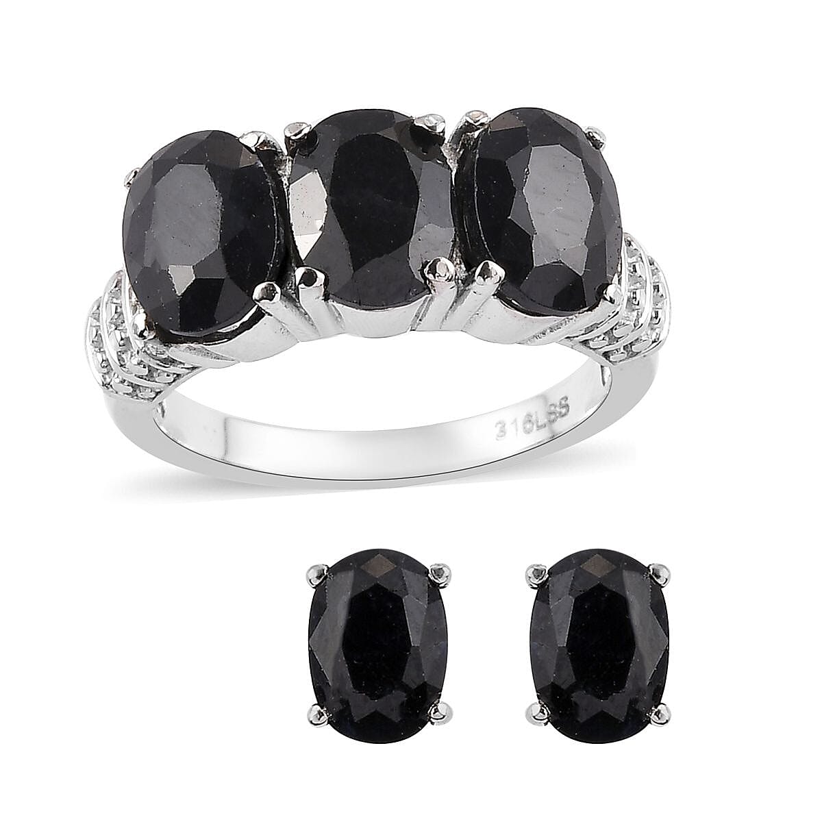 Midnight Sapphire 3 Stone Ring (Size 8) and Solitaire Stud Earrings in Stainless Steel 7.40 ctw , Tarnish-Free, Waterproof, Sweat Proof Jewelry