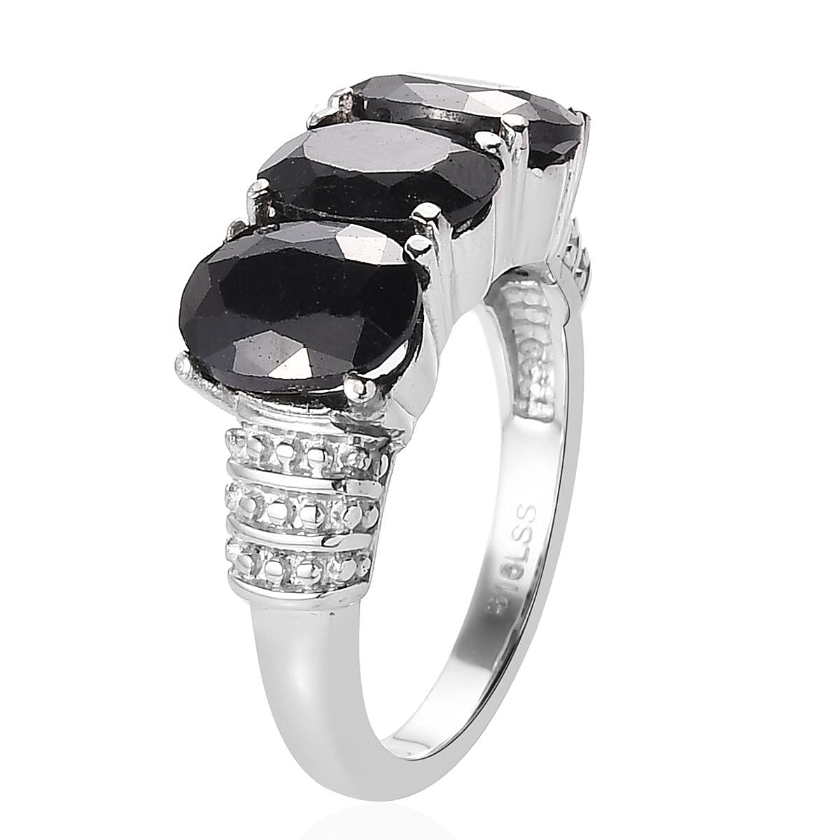 Midnight Sapphire 3 Stone Ring (Size 8) and Solitaire Stud Earrings in Stainless Steel 7.40 ctw , Tarnish-Free, Waterproof, Sweat Proof Jewelry