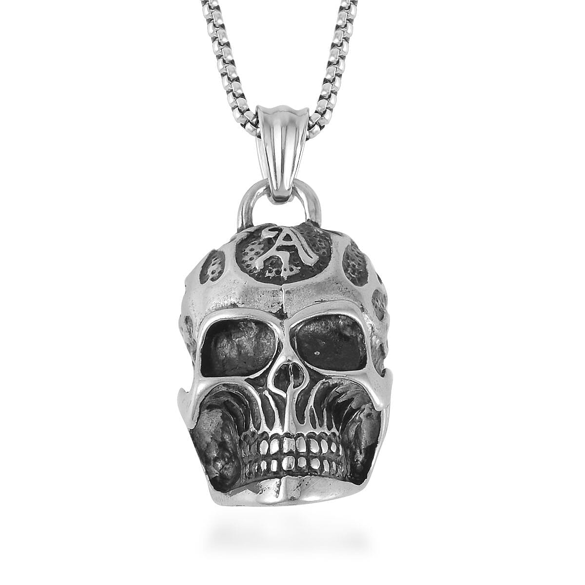 Skeleton Head Pendant Necklace 27.5 Inches in Black Oxidized Stainless Steel
