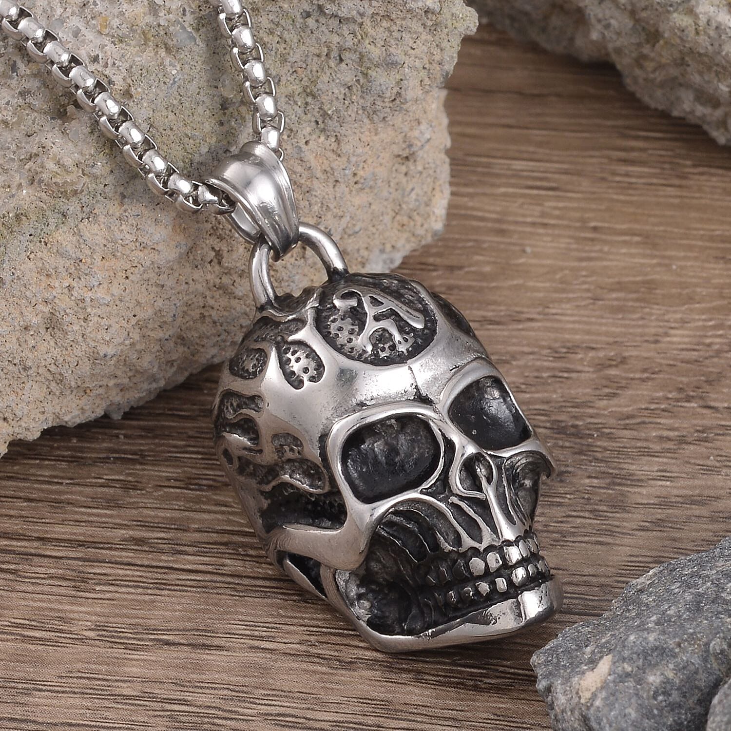 Skeleton Head Pendant Necklace 27.5 Inches in Black Oxidized Stainless Steel