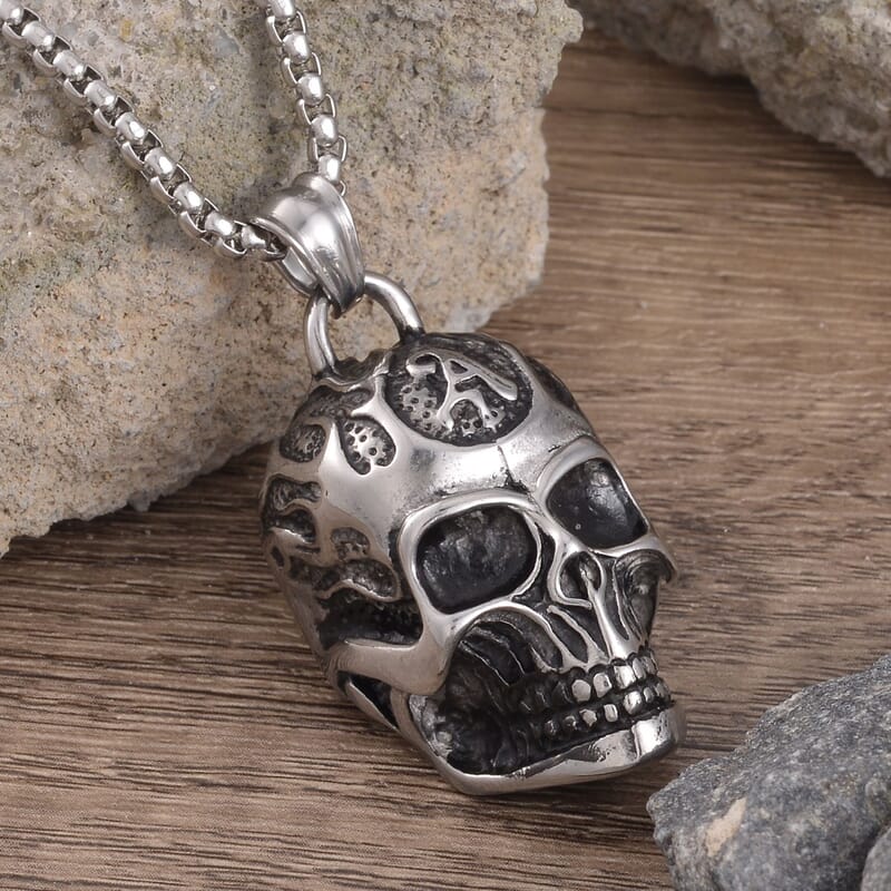 Skeleton Head Pendant Necklace 27.5 Inches in Black Oxidized Stainless Steel