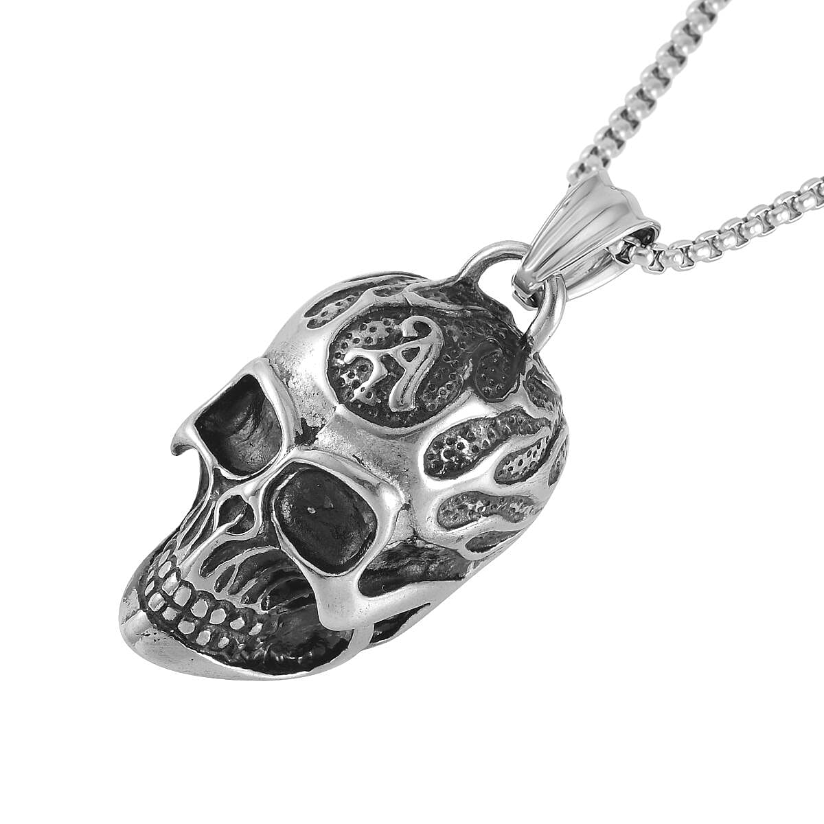 Skeleton Head Pendant Necklace 27.5 Inches in Black Oxidized Stainless Steel