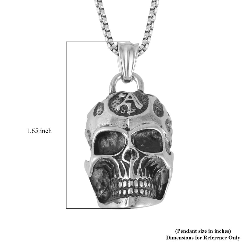 Skeleton Head Pendant Necklace 27.5 Inches in Black Oxidized Stainless Steel