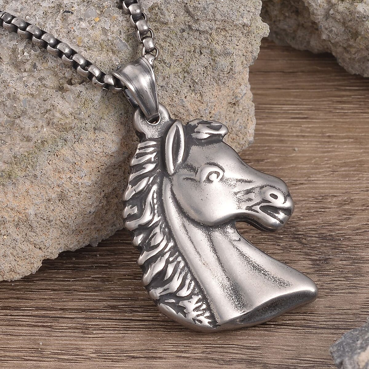 Horse Head Pendant Necklace 27.5 Inches in Black Oxidized Stainless Steel image number 1