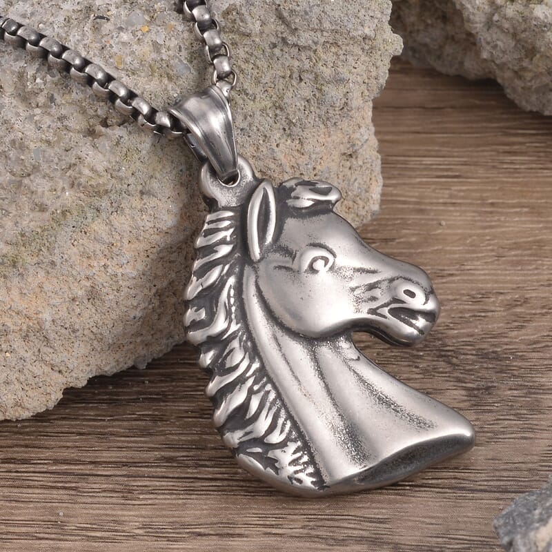 Horse Head Pendant Necklace 27.5 Inches in Black Oxidized Stainless Steel