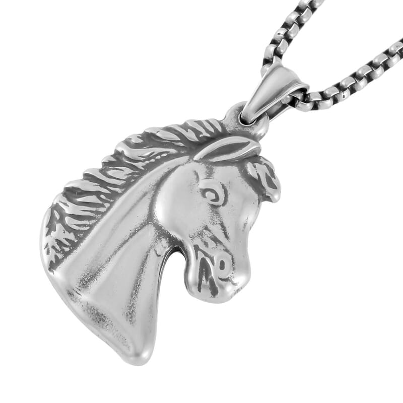Horse Head Pendant Necklace 27.5 Inches in Black Oxidized Stainless Steel