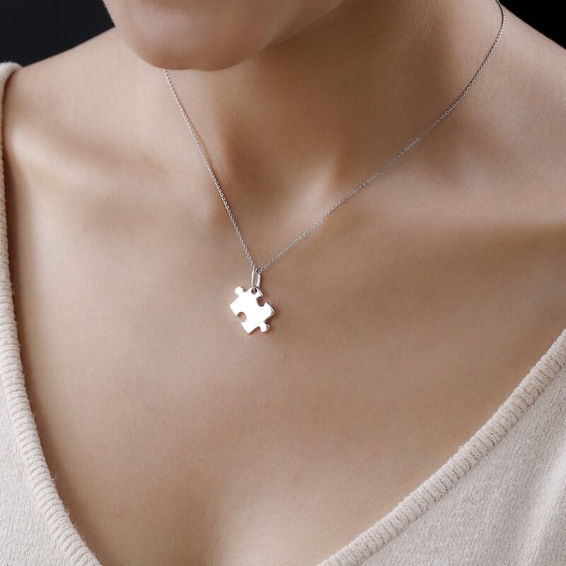Platinum Over Sterling Silver Puzzle Piece Pendant Necklace 20 Inches 4.25 Grams