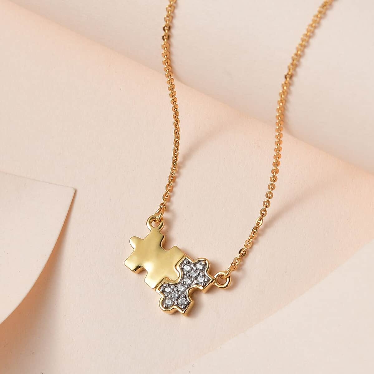 White Zircon Puzzle Pieces Necklace 18 Inches in Vermeil Yellow Gold Over Sterling Silver 0.10 ctw image number 1