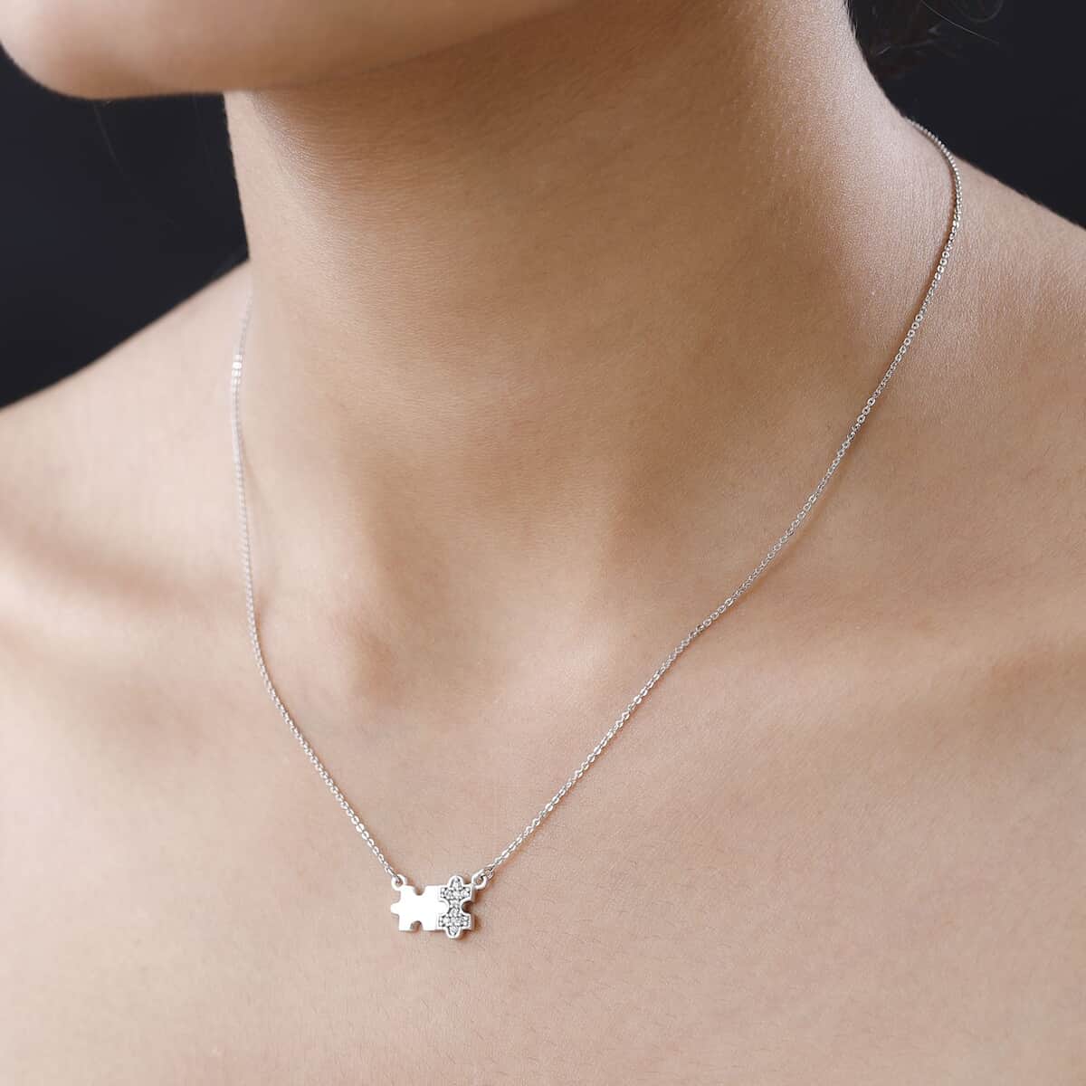 White Zircon Puzzle Pieces Necklace 18 Inches in Platinum Over Sterling Silver 0.10 ctw image number 2