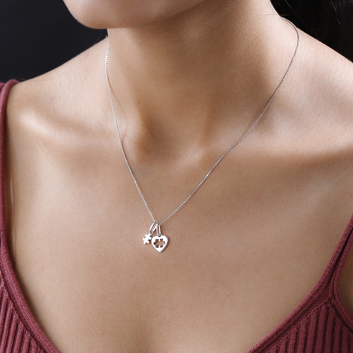 Platinum Over Sterling Silver Heart Puzzle Piece Pendant Necklace (20 Inches) (3.30 g) image number 2