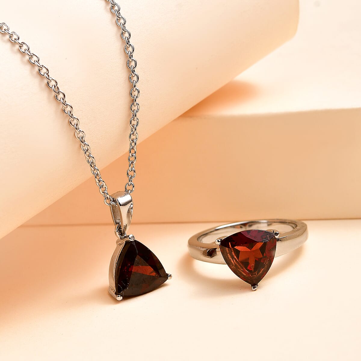 Mozambique Garnet Solitaire Ring and Pendant Necklace 20 Inches in Stainless Steel 5.20 ctw image number 1