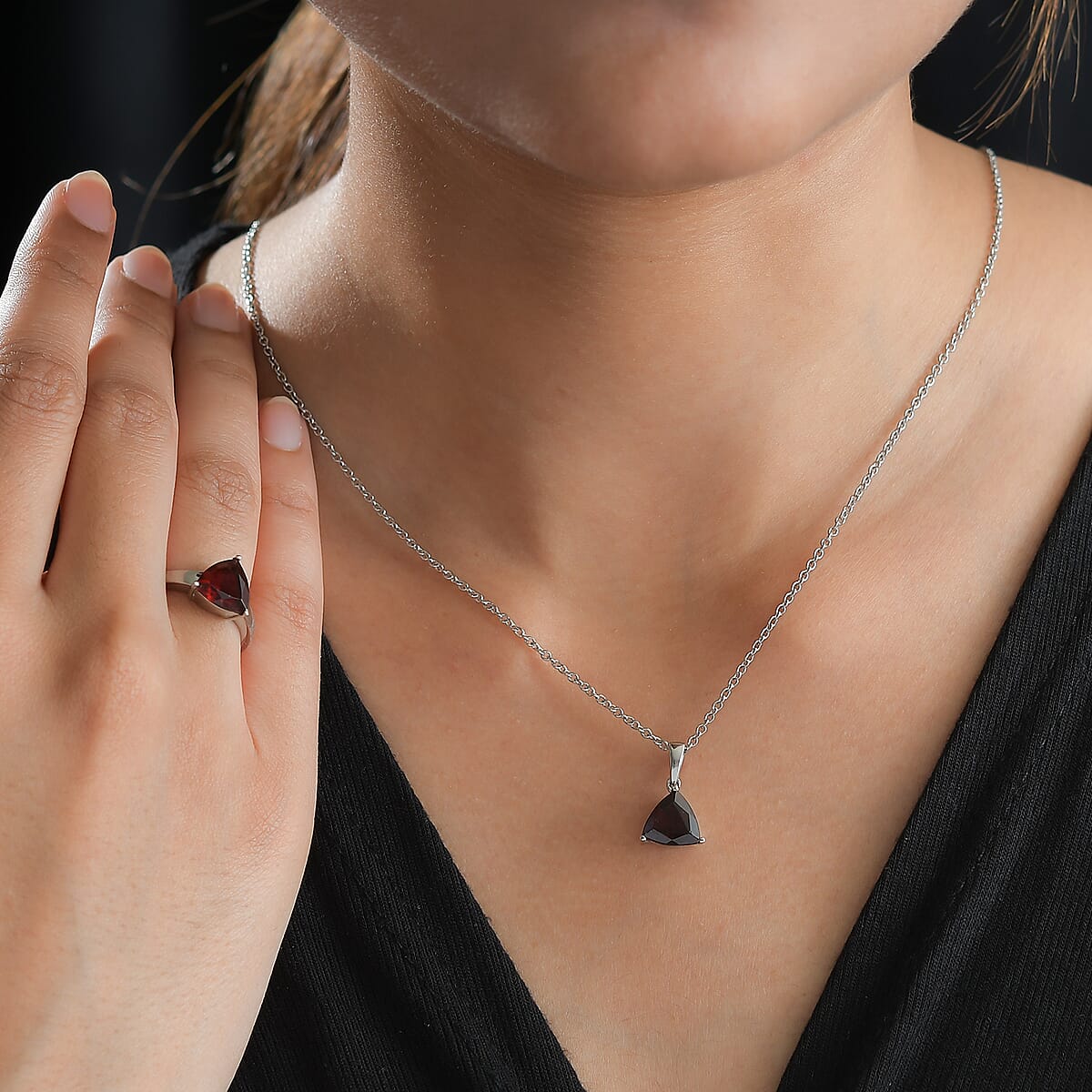 Mozambique Garnet Solitaire Ring (Size 6.0) and Pendant Necklace (20 Inches) in Stainless Steel 5.20 ctw , Tarnish-Free, Waterproof, Sweat Proof Jewelry image number 2