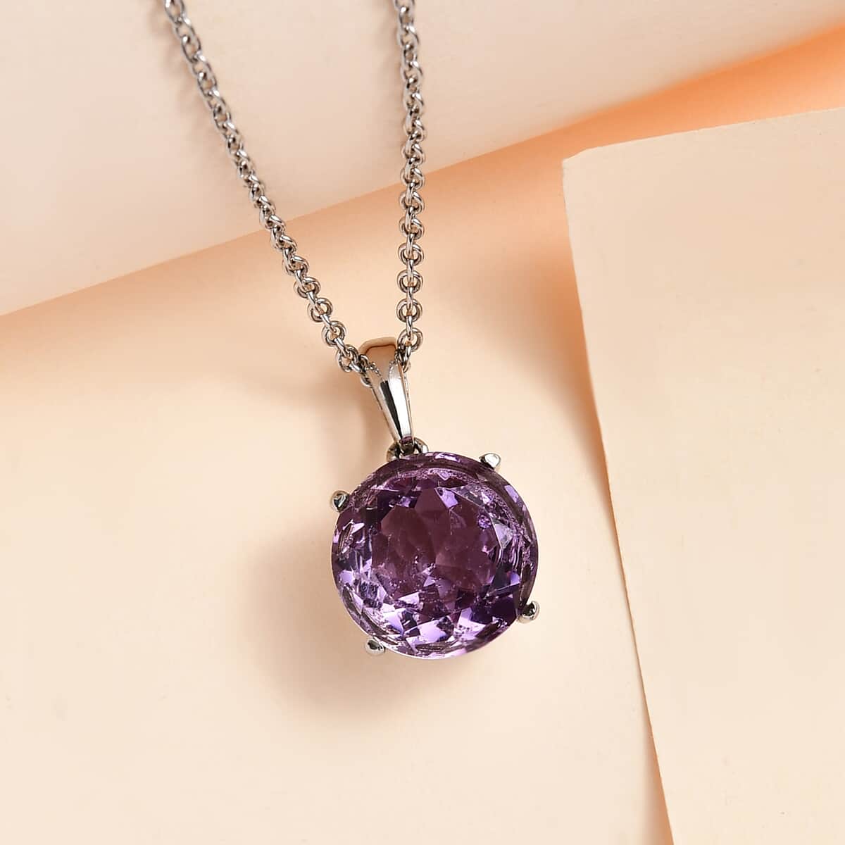 AAA Rose De France Amethyst Solitaire Pendant Necklace 20 Inches in Stainless Steel 6.10 ctw image number 1