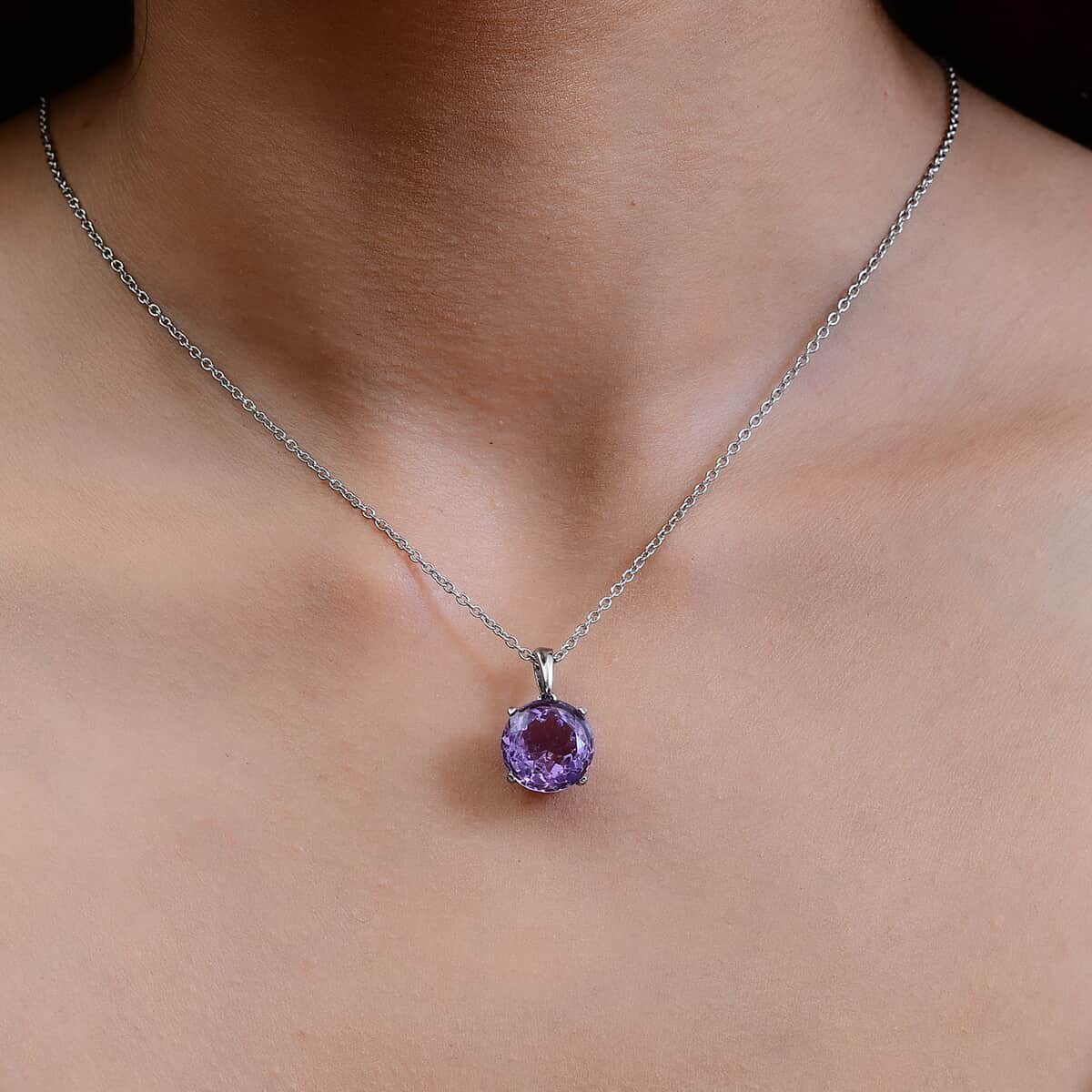 AAA Rose De France Amethyst Solitaire Pendant Necklace 20 Inches in Stainless Steel 6.10 ctw image number 2