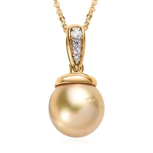 South Sea Golden Pearl and White Zircon Pendant Necklace 20 Inches in Vermeil Yellow Gold Over Sterling Silver