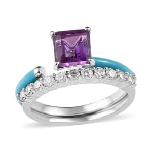 Asscher Cut African Amethyst, Moissanite and Blue Enamel Open Band Set of 2 Ring in Platinum Over Sterling Silver (Size 6.0) 1.60 ctw