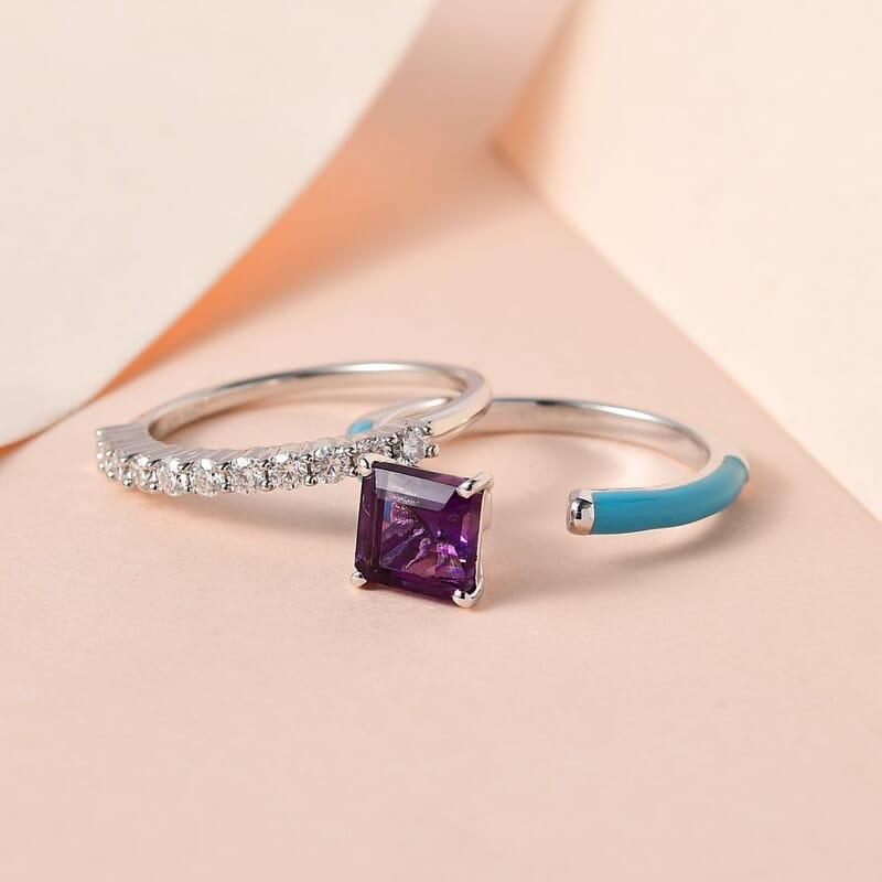 Asscher Cut African Amethyst, Moissanite and Blue Enamel Open Band Set of 2 Ring in Platinum Over Sterling Silver (Size 6.0) 1.60 ctw