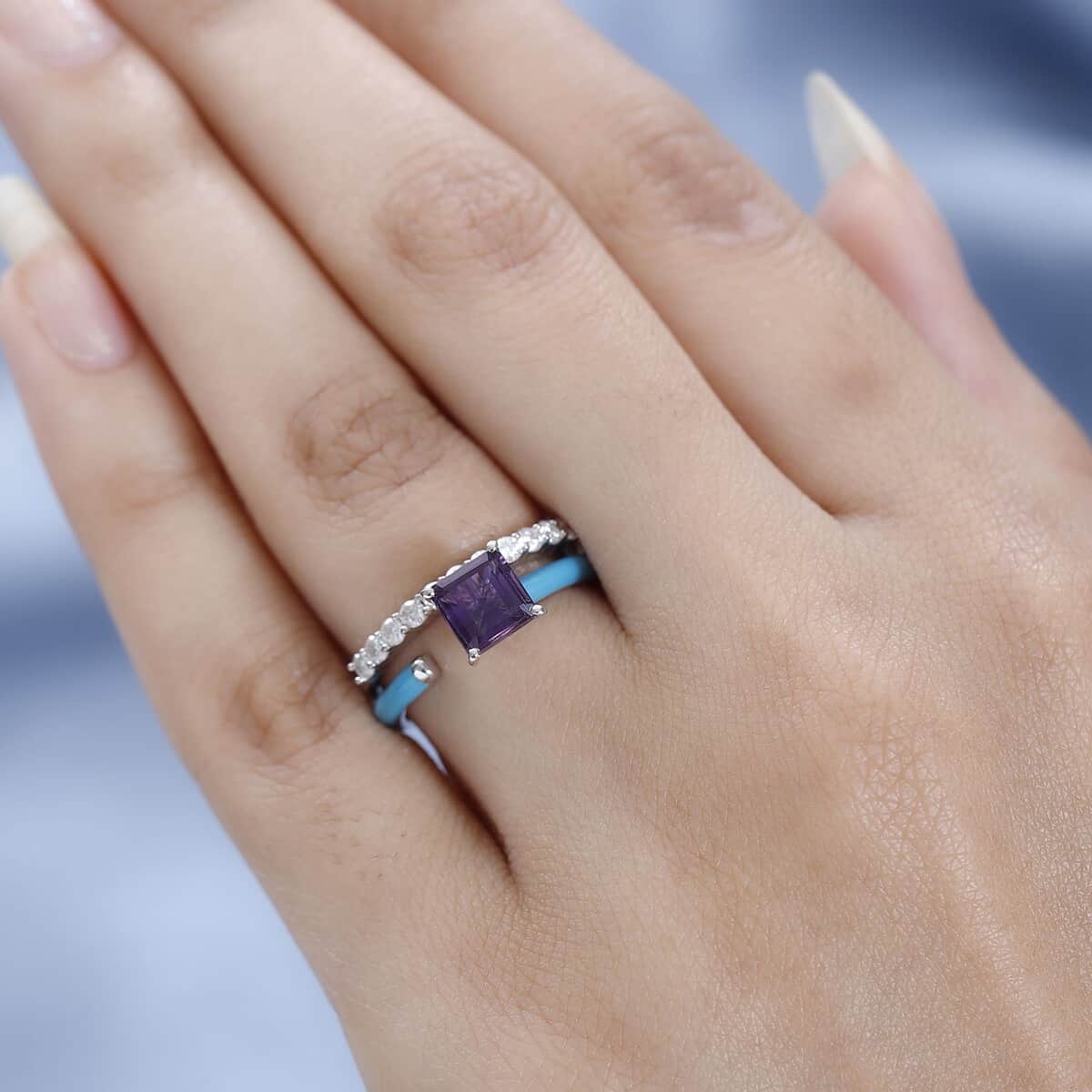 Asscher Cut African Amethyst, Moissanite and Blue Enamel Open Band Set of 2 Ring in Platinum Over Sterling Silver (Size 6.0) 1.60 ctw image number 2
