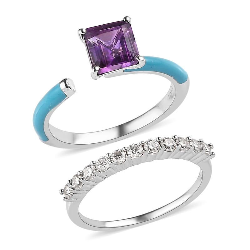 Asscher Cut African Amethyst, Moissanite and Blue Enamel Open Band Set of 2 Ring in Platinum Over Sterling Silver (Size 6.0) 1.60 ctw