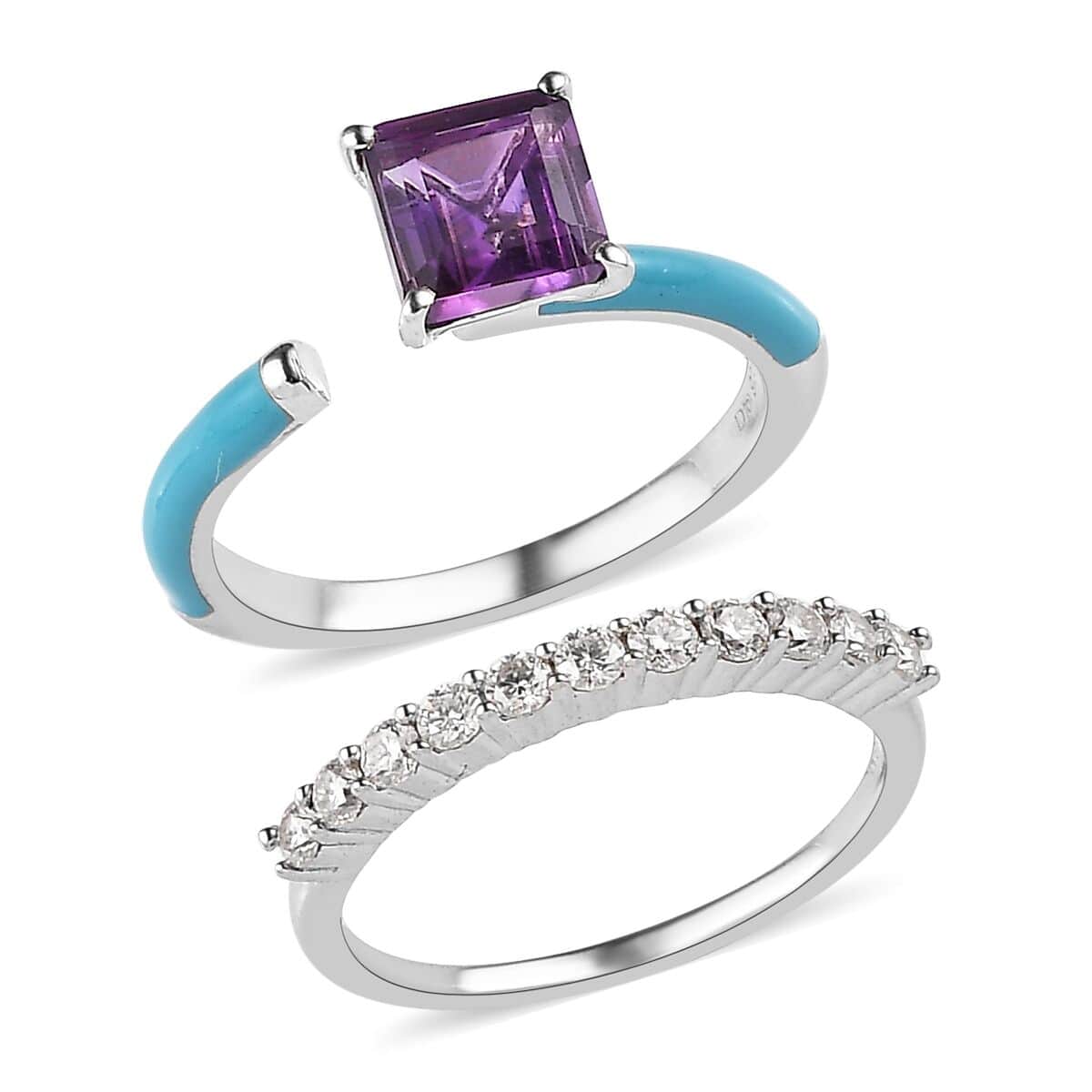 Asscher Cut African Amethyst, Moissanite and Blue Enamel Open Band Set of 2 Ring in Platinum Over Sterling Silver (Size 6.0) 1.60 ctw image number 3