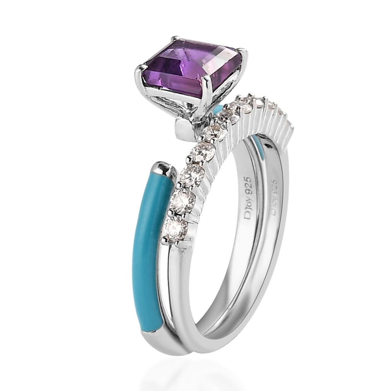 Asscher Cut African Amethyst, Moissanite and Blue Enamel Open Band Set of 2 Ring in Platinum Over Sterling Silver (Size 6.0) 1.60 ctw
