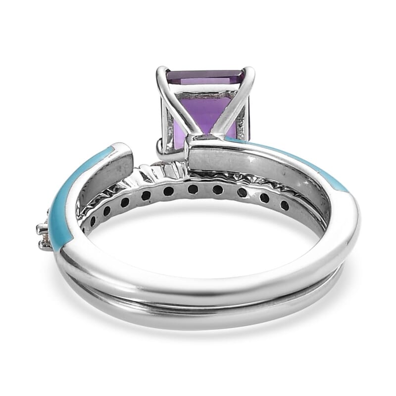 Asscher Cut African Amethyst, Moissanite and Blue Enamel Open Band Set of 2 Ring in Platinum Over Sterling Silver (Size 6.0) 1.60 ctw