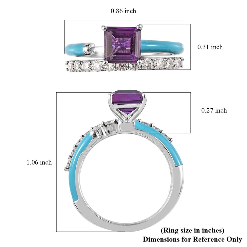 Asscher Cut African Amethyst, Moissanite and Blue Enamel Open Band Set of 2 Ring in Platinum Over Sterling Silver (Size 6.0) 1.60 ctw