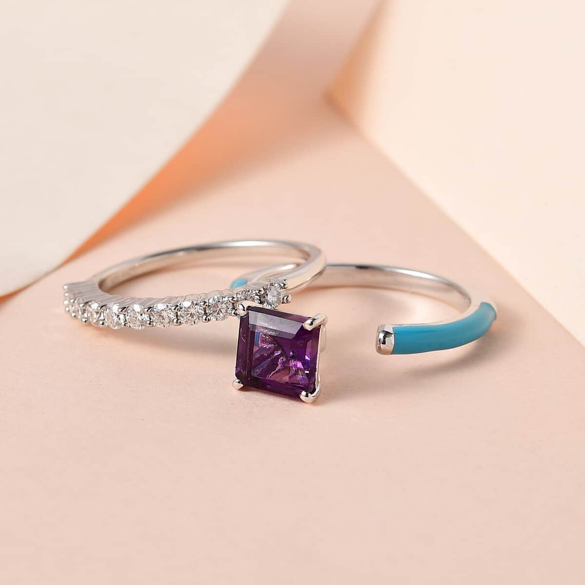 Asscher Cut African Amethyst, Moissanite and Blue Enamel Open Band Set of 2 Ring in Platinum Over Sterling Silver (Size 7.0) 1.60 ctw image number 1