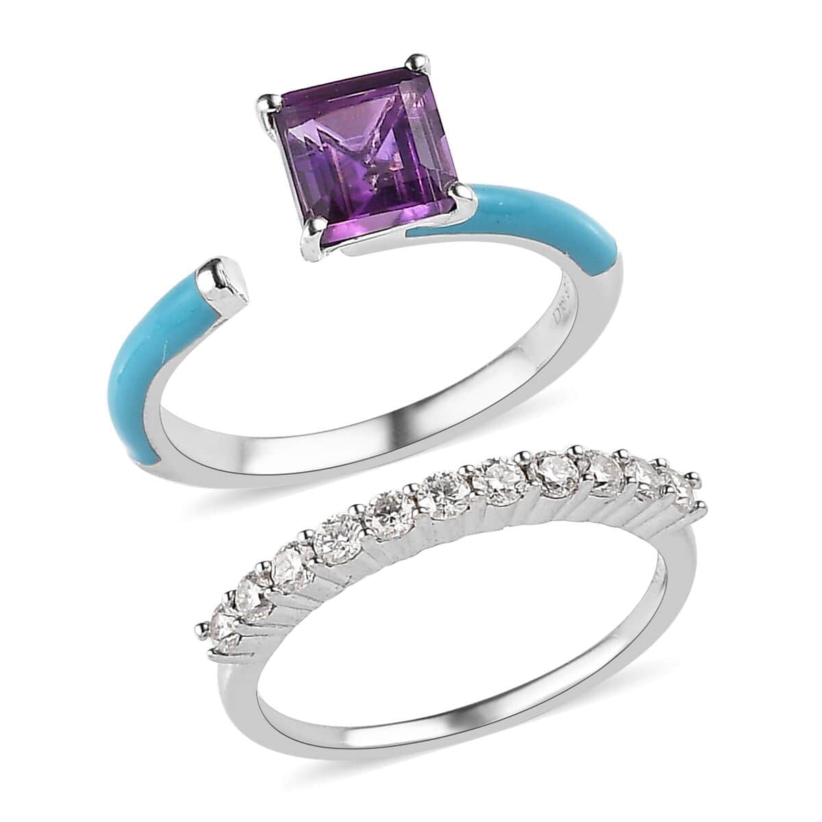 Asscher Cut African Amethyst, Moissanite and Blue Enamel Open Band Set of 2 Ring in Platinum Over Sterling Silver (Size 7.0) 1.60 ctw image number 3