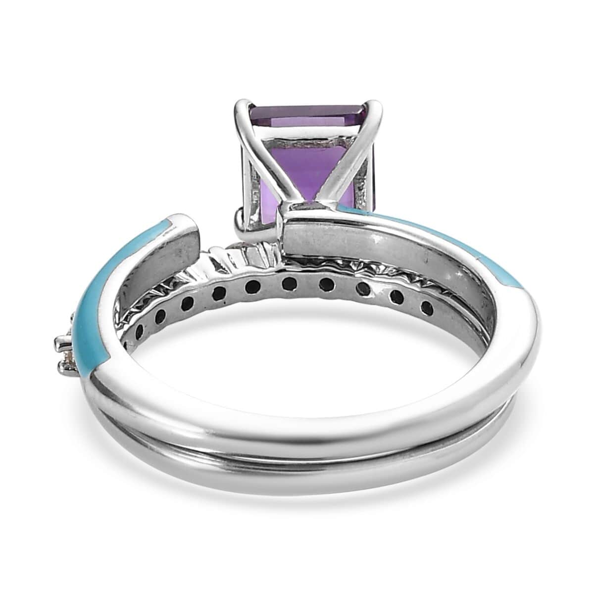 Asscher Cut African Amethyst, Moissanite and Blue Enamel Open Band Set of 2 Ring in Platinum Over Sterling Silver (Size 7.0) 1.60 ctw image number 5