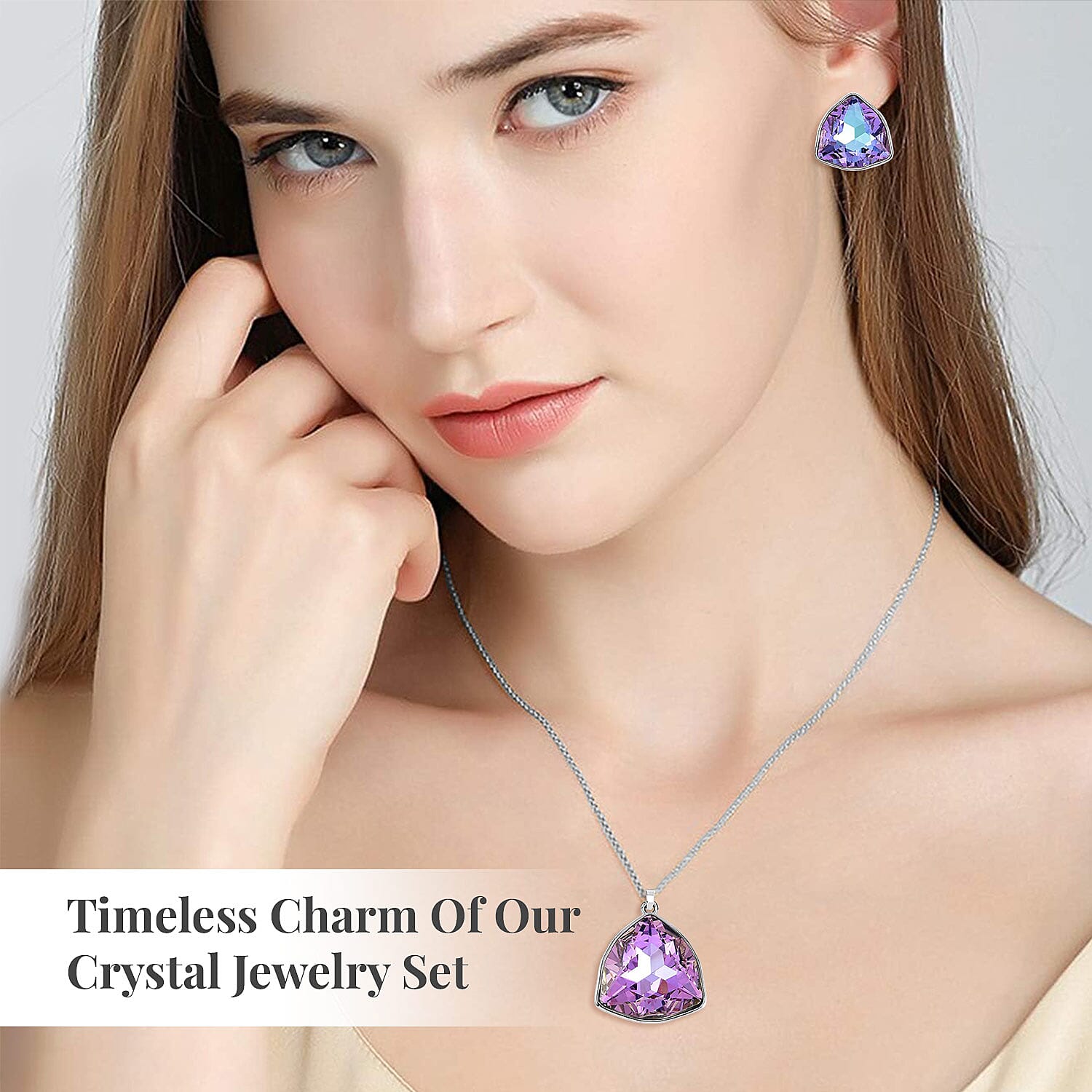 Purple Austrian Crystal Pendant Necklace and Stud Earrings in Silvertone 20-22 Inches