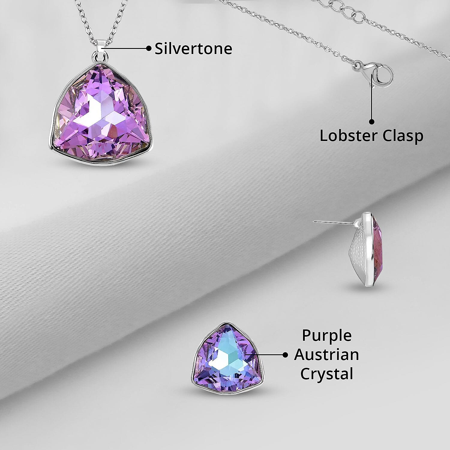 Purple Austrian Crystal Pendant Necklace and Stud Earrings in Silvertone 20-22 Inches