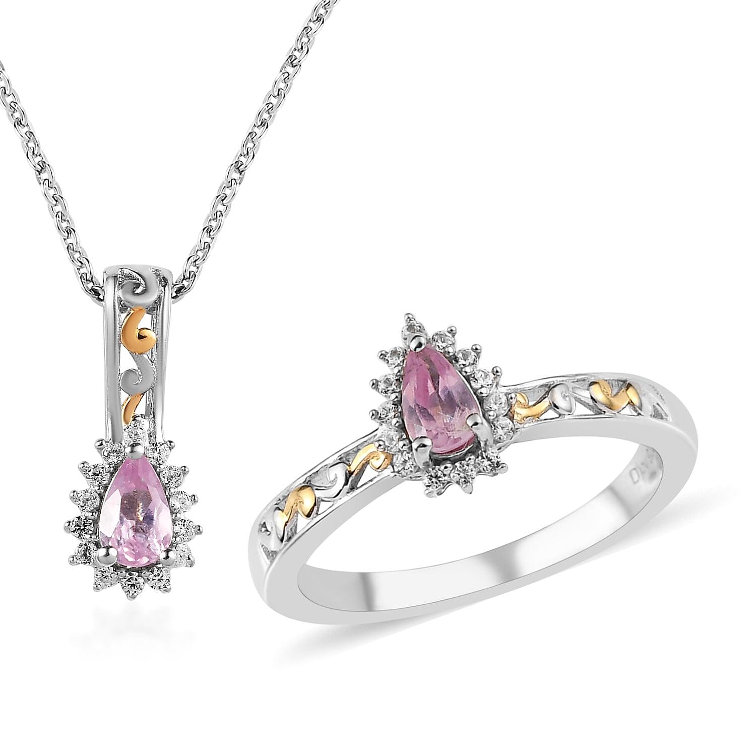 Narsipatnam Purple Spinel and White Zircon Ring (Size 5.0) and Pendant Necklace 20 Inches in Vermeil YG and Platinum Over Sterling Silver 0.90 ctw