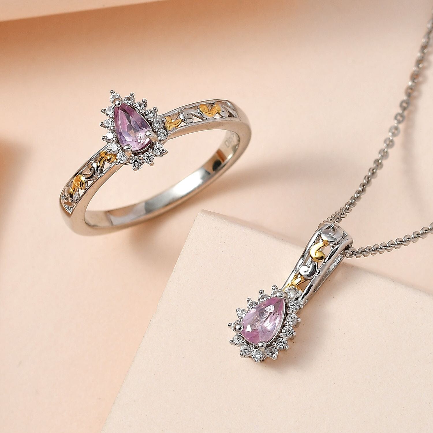 Narsipatnam Purple Spinel and White Zircon Ring (Size 5.0) and Pendant Necklace 20 Inches in Vermeil YG and Platinum Over Sterling Silver 0.90 ctw