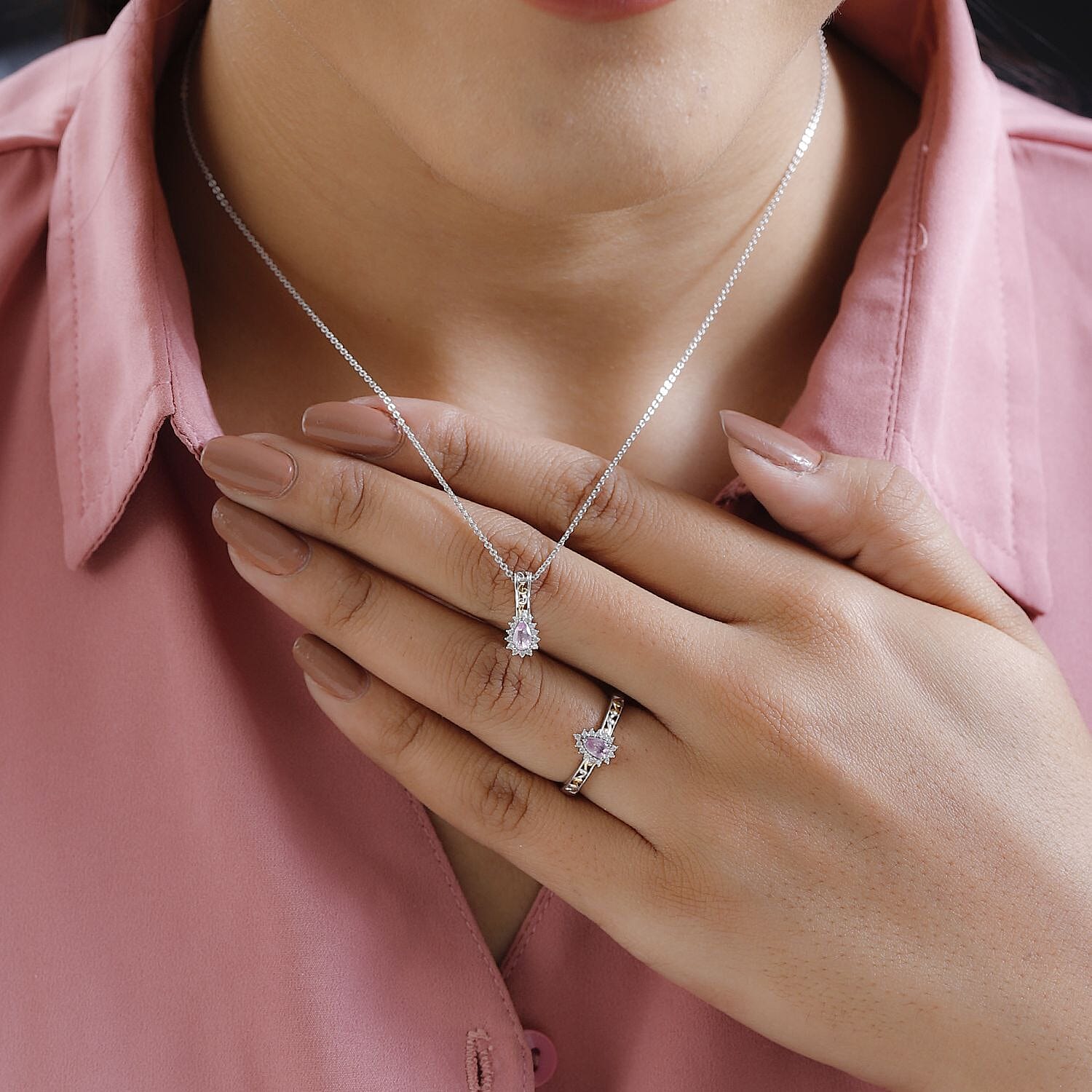 Narsipatnam Purple Spinel and White Zircon Ring (Size 5.0) and Pendant Necklace 20 Inches in Vermeil YG and Platinum Over Sterling Silver 0.90 ctw