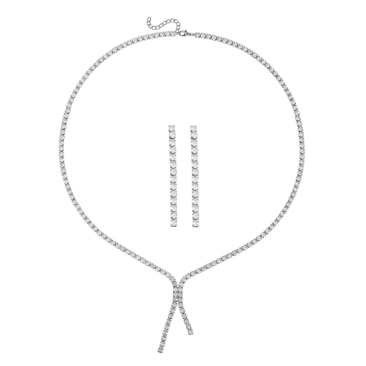 Simulated Diamond Tennis Necklace 18 Inches with Extender and Dangle Earrings in Silvertone image number 0