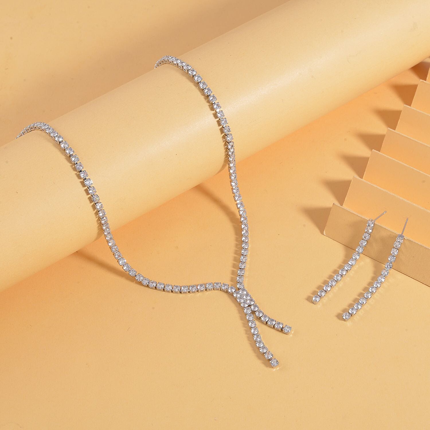 Simulated Diamond Tennis Necklace 18-20 Inches and Dangle Earrings in Silvertone
