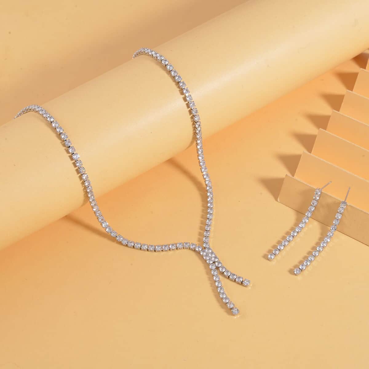 Simulated Diamond Tennis Necklace 18 Inches with Extender and Dangle Earrings in Silvertone image number 1