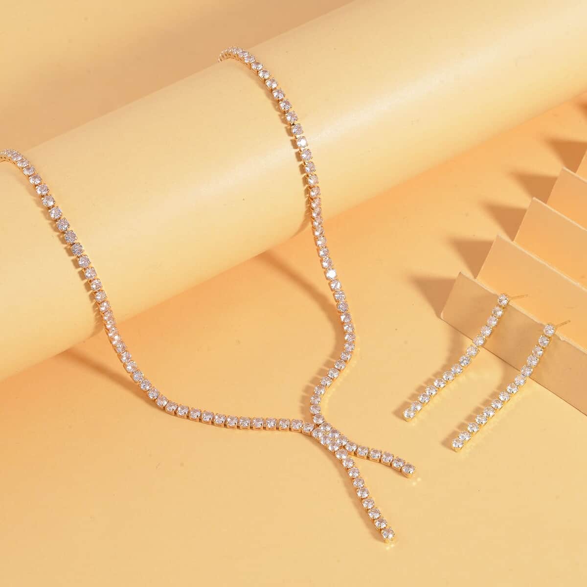 Simulated Diamond Tennis Necklace 18-20 Inches and Dangle Earrings in Goldtone image number 1